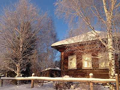 küla, maja, talvel, krasot, Venemaa, puit, puidust maja