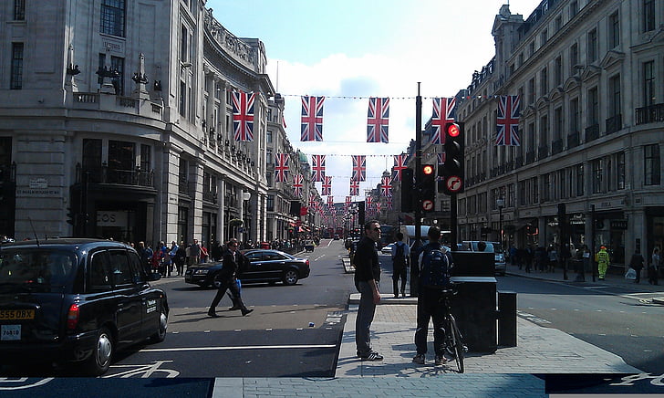 Regent street, Londýn, Regent, Velká Británie, Anglie, Architektura, Union jack