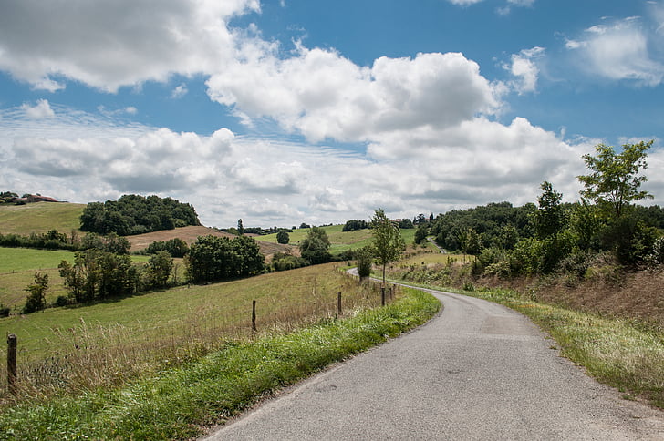 road, grass, field, cloudy, sky, daytime, landscape