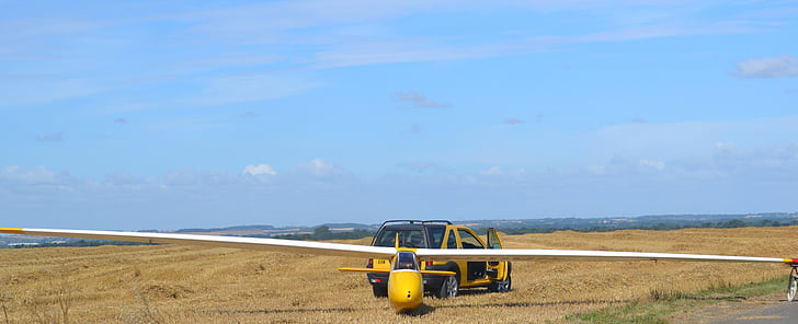 glider, sailplane, airfield, vehicle, wing, yellow, nature