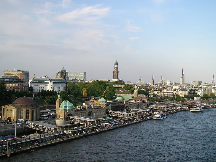 Hamburg, Landungsbrücken, Skyline, Elbe, Michel, Architektura, Rzeka