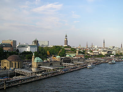 Hambourg, Landungsbrücken, Skyline, Elbe, Michel, architecture, rivière