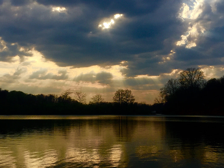 lake, clouds, sunlight, rays, reflection, evening, nature