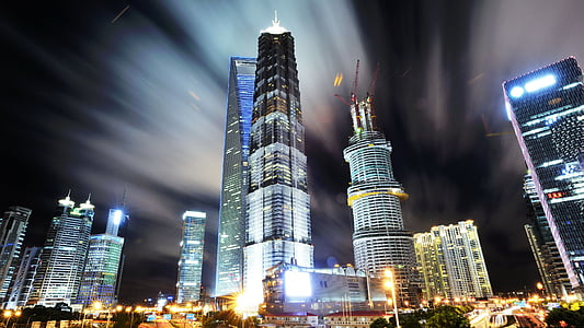 Shanghai, Pudong, vue de nuit, nuit, paysage urbain, horizon urbain, architecture