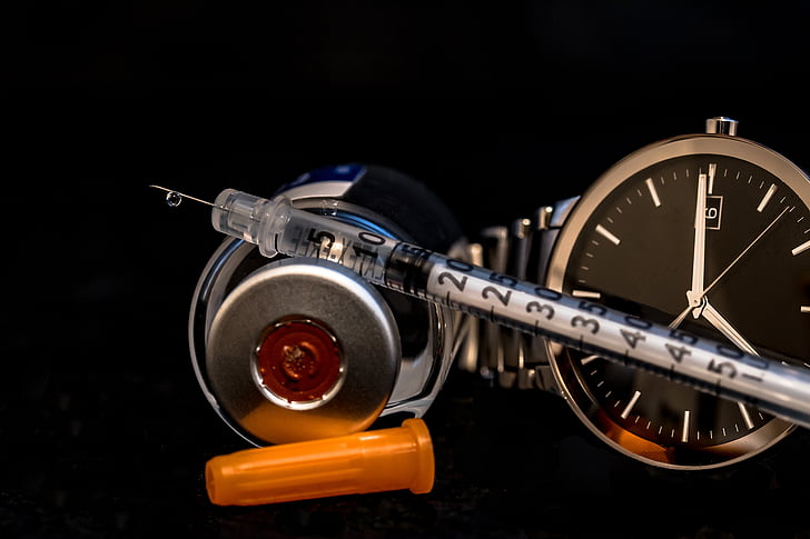 insulin syringe, diabetes, insulin, syringe, wrist watch, take a right on time, at the same time take