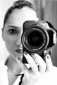 espelho, selfie, mulher, foto, Canon, câmera