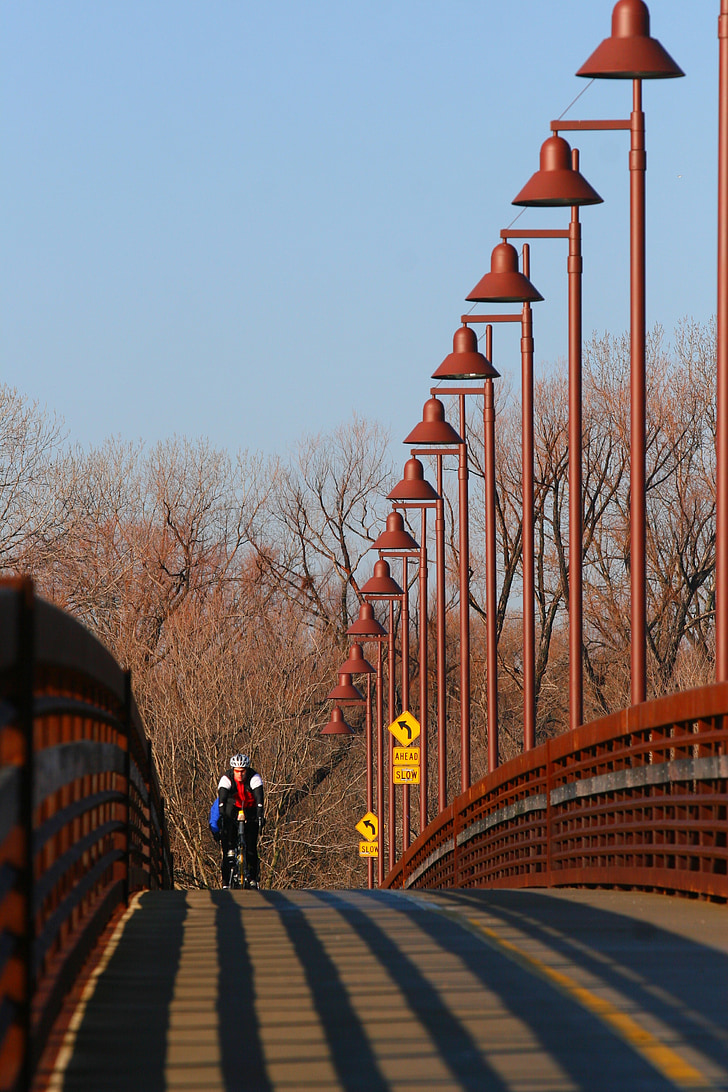 bicycle rider, bicyclist, biker, bike, cycle, bridge, lights