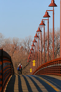kerékpár lovas, biciklista, motoros, kerékpár, ciklus, híd, fények