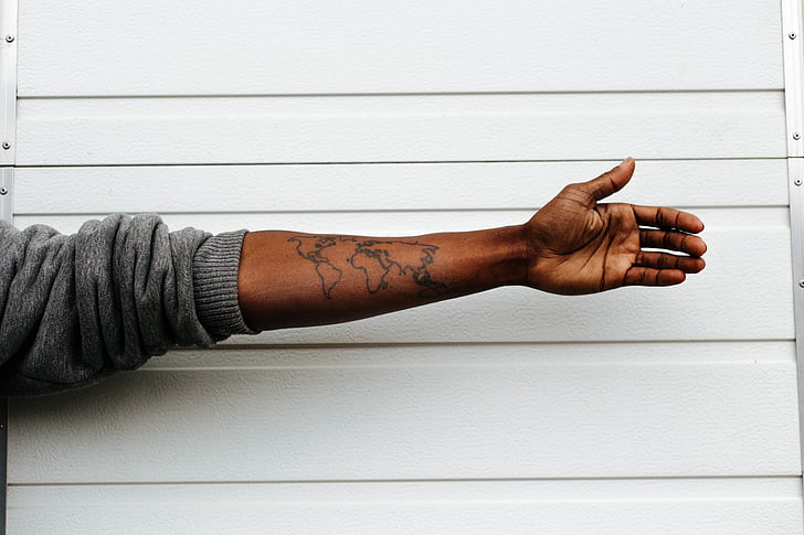 person, gray, sweater, opens, hand, tattoo, human hand