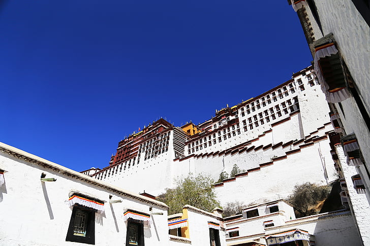 Tibet, Lhasa, Potalapalatset, blå himmel, majestätiska, den högtidliga, buddhismen