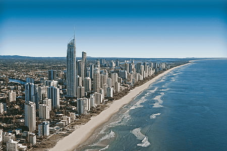 Costa, ciudad, moderno, frente al mar, rascacielos, Playa, Costa