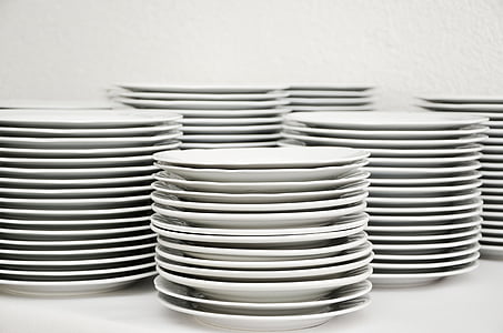 placa, pilha, utensílios de mesa, pilha de prato, Branco, enxaguamento, lavar pratos