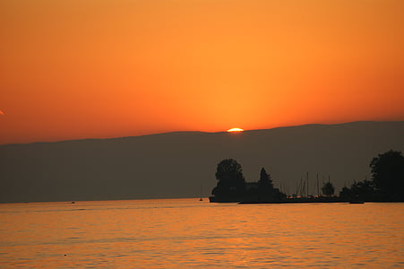 the sun, west, lake, orange sky, sunset, sea, nature