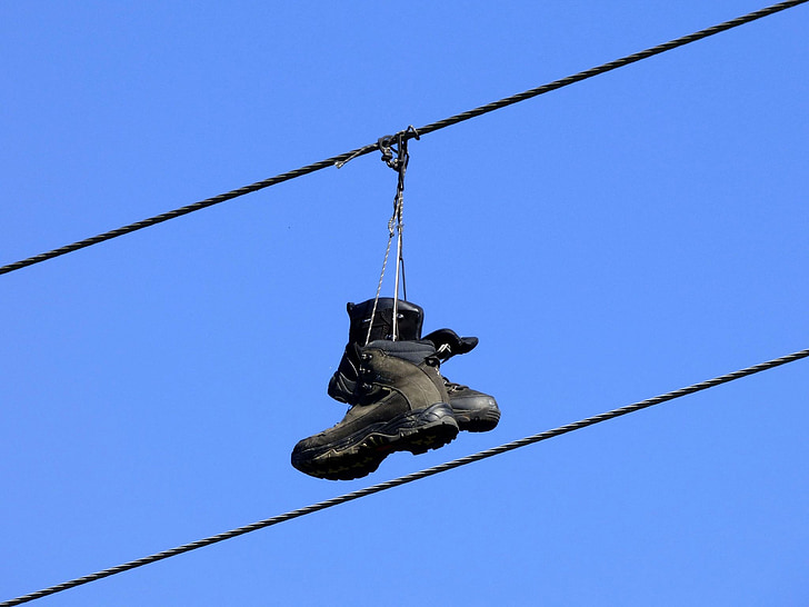 boots, power line, high up, blue, shoes