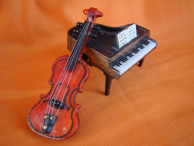piano, violín, naranja, música, juguetes, instrumento, clásico