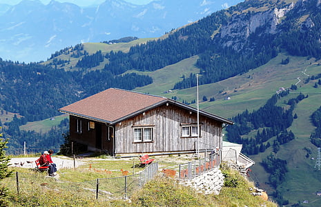 hegyek, hegyi kunyhó, nézet, turisták, romantikus, svájci Alpokban, ebenalp