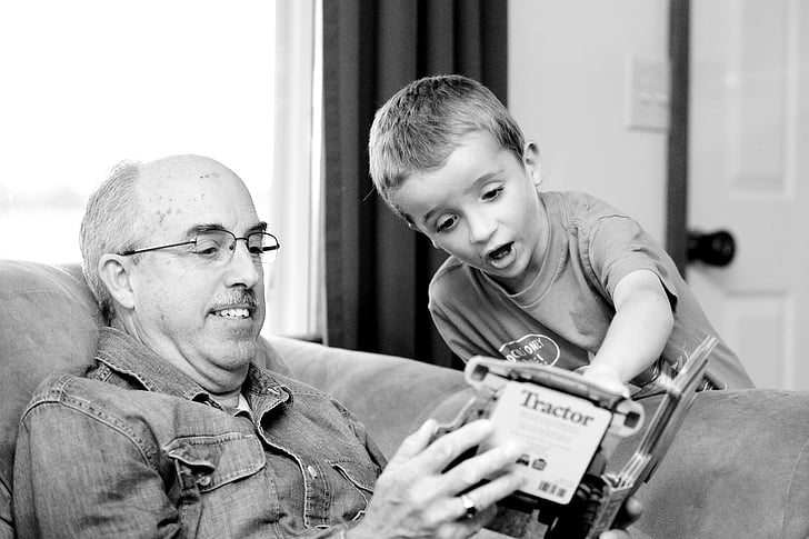 grandpa, grandson, grandparent, grandchild, together, reading, family