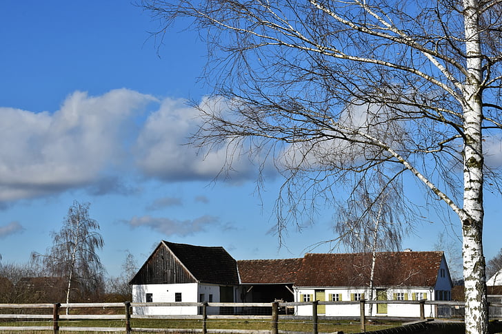 farm, bauerhofmuseum, rural, barn, stone, sky, clouds
