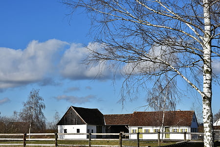 Kmetija, bauerhofmuseum, podeželja, skedenj, kamen, nebo, oblaki