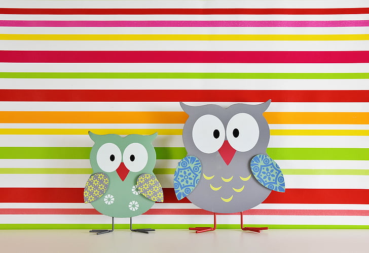owls, colorful, wood, painted, funny, decoration, cute