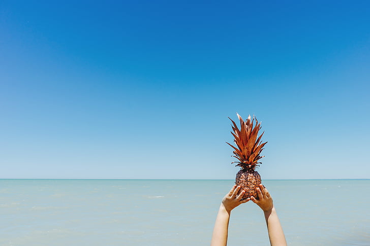 person, holding, pineapple, daytime, hand, ocean, water