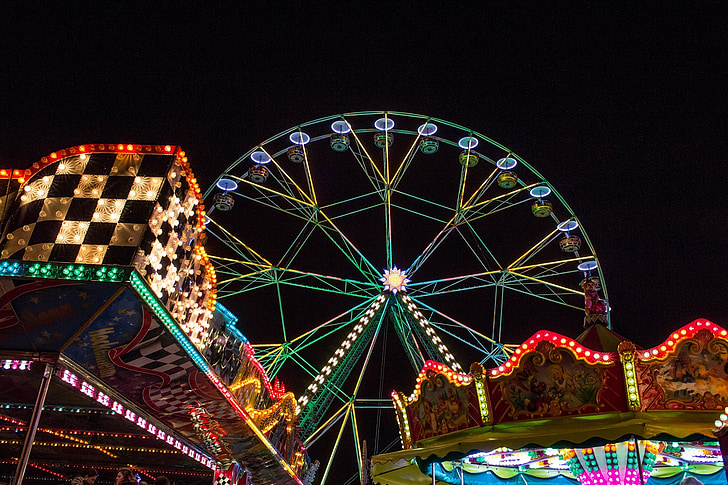 amusement park, night, lights, rides, ferris wheel, fun, carnival
