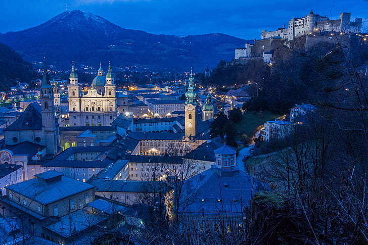 Salzburg, Österrike, Mönchberg, Salzburg cathedral, St peter, fästning, abendstimmung