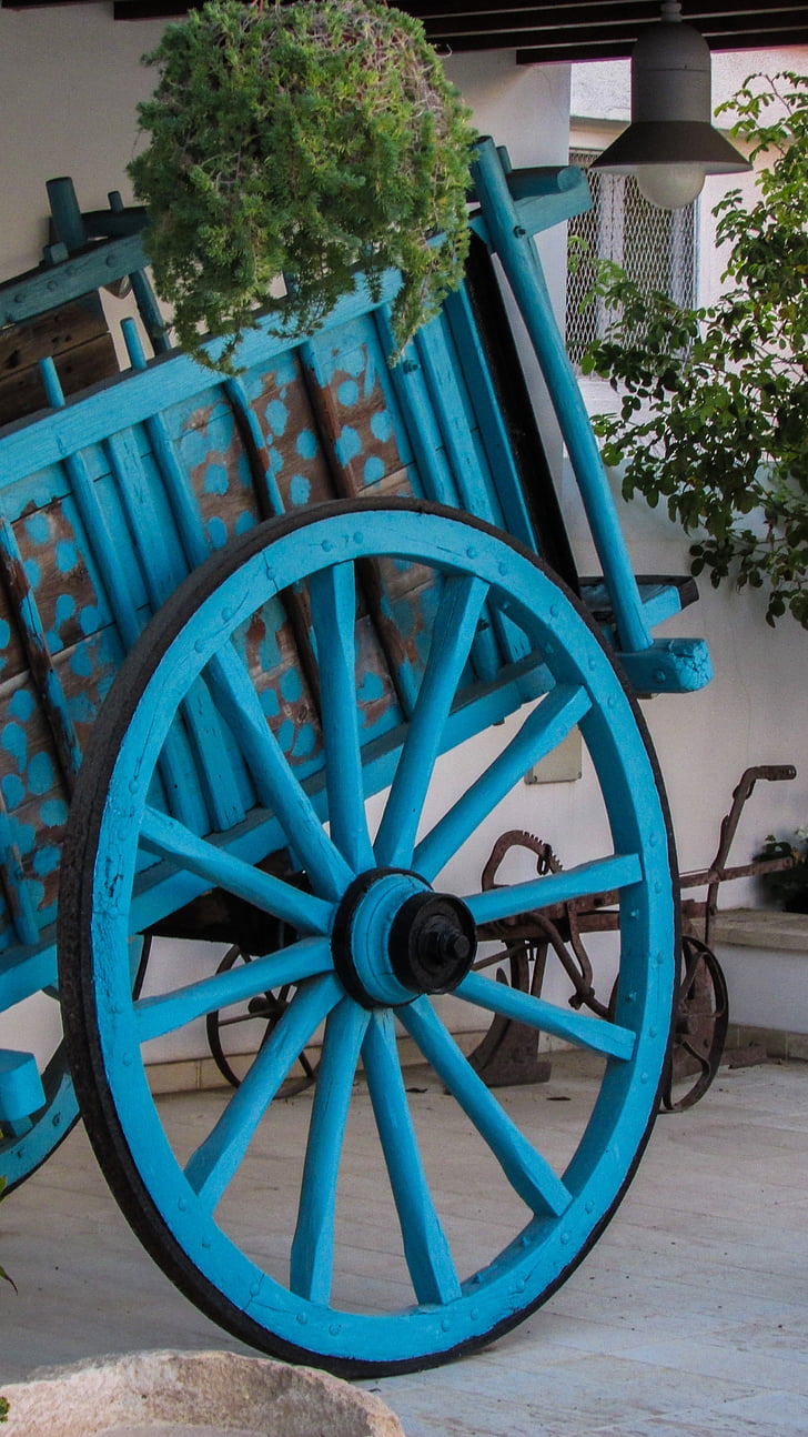 cyprus, paralimni, wagon, wheel, blue, traditional, yard