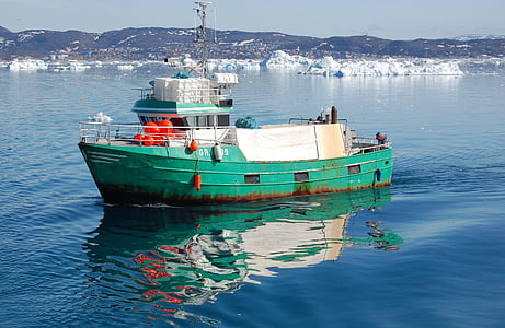 perahu nelayan, gumpalan es yg terapung, refleksi, Ilulissat, Greenland, air, kapal laut