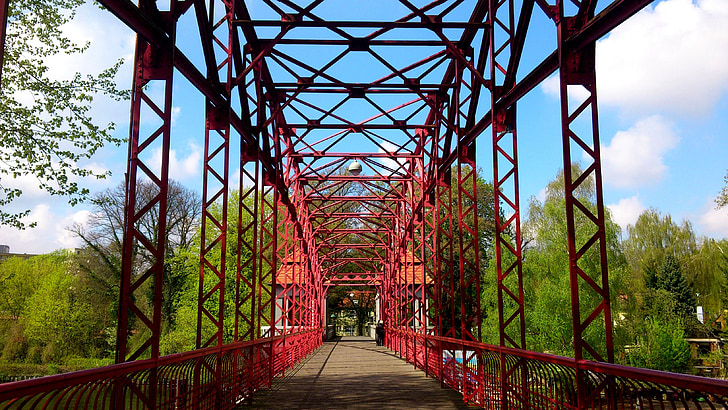 Bridge, bort, passagen, röd, gångbro