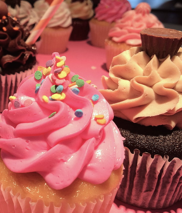 cupcakes, makanan penutup, merah muda, krim, Manis, gula, kue