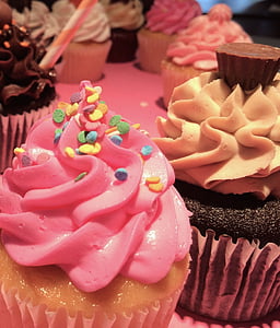 babeczki, deser, różowy, krem, słodkie, cukier, ciasto