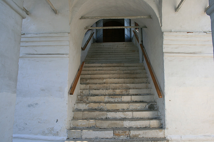 staircase, steps, headrailings, white wall, building, architecture, church