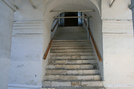 escalera, pasos, headrailings, pared blanca, edificio, arquitectura, Iglesia