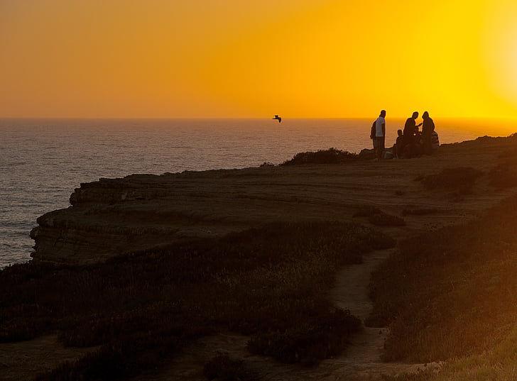 sunset, ocean, cliff, horizon, silhouette, sea, scenics