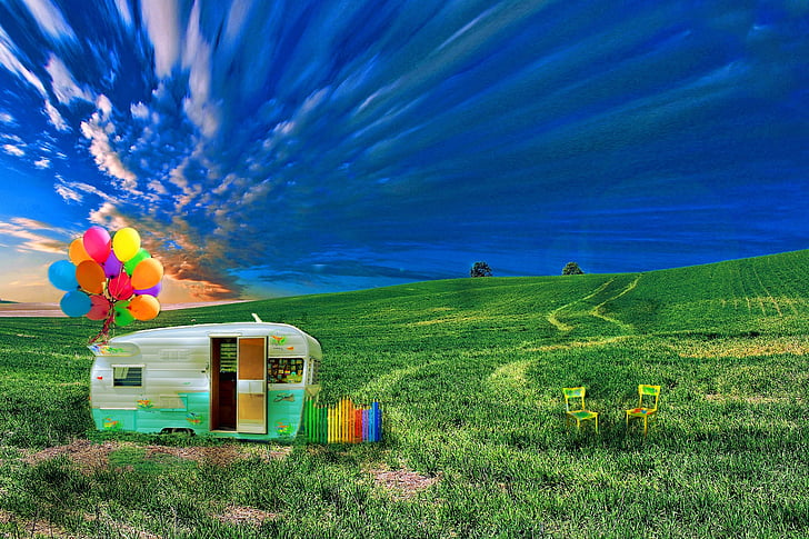 caravan, meadow, holiday, summer, children, nature, green