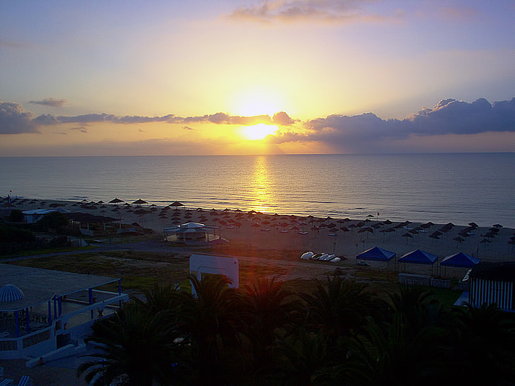 pôr do sol, mar, Mar Mediterrâneo, Hammamet, Tunísia, a República da Tunísia, Horizon