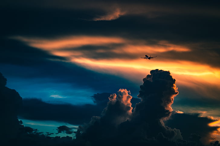 fotografia, avió, volant, núvols, núvol, cel, posta de sol