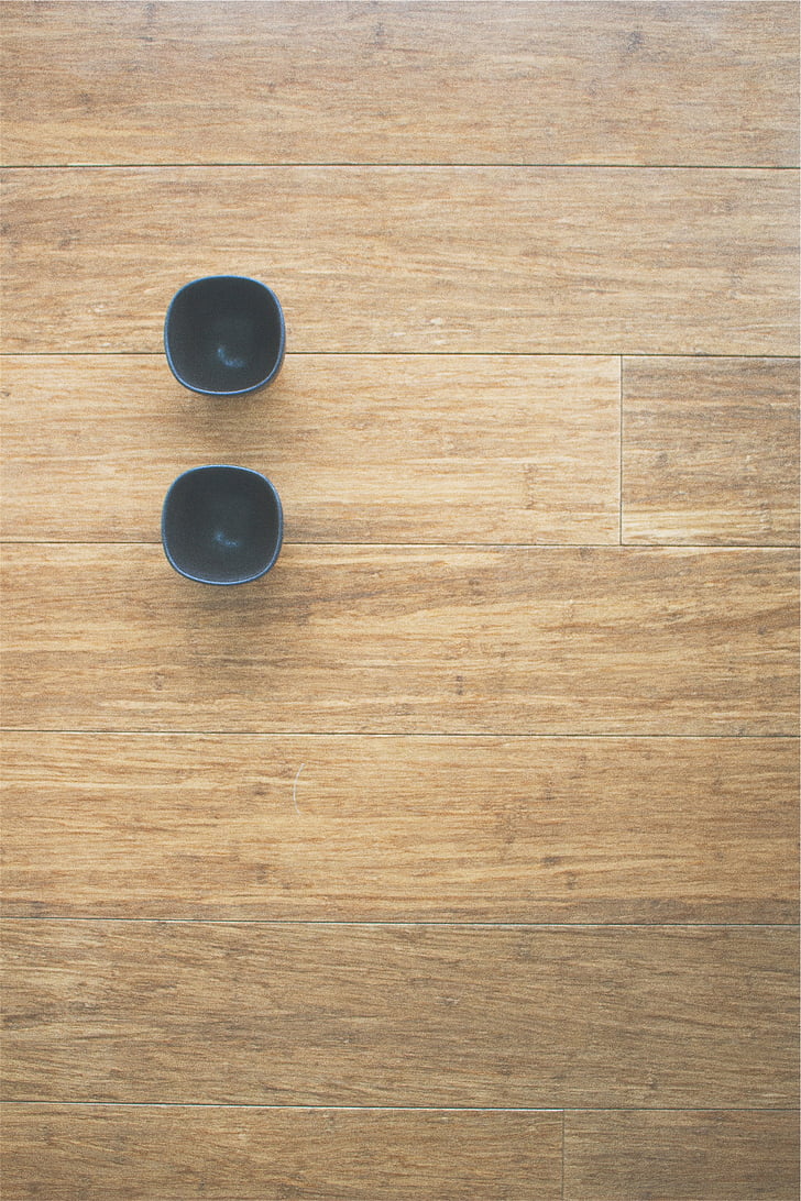 two, gray, cups, brown, wooden, surface, hardwood