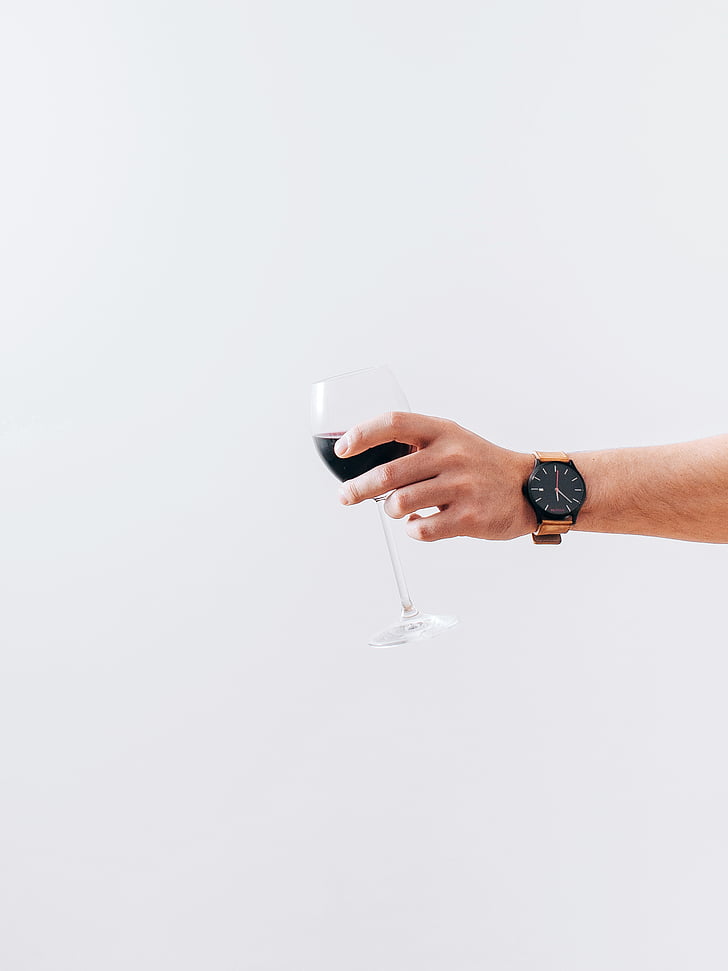 person, wearing, watch, holding, wine, glass, inside
