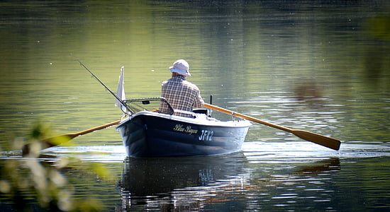 rower, angler, rowing boat, boot, empty, blue, sea