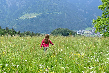 landscape, child, human, meadow, grass, walk, nature