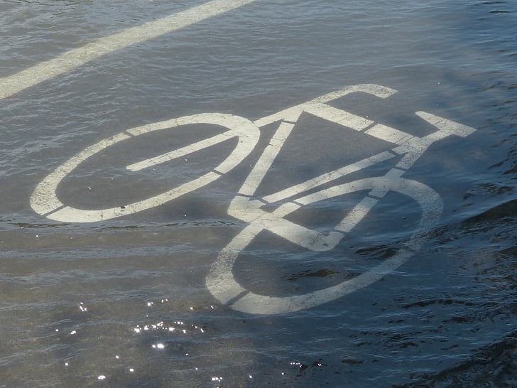 велоалея, цикъл път признаци, герои, Байк, алея за велосипеди, високо ниво на водата, далеч