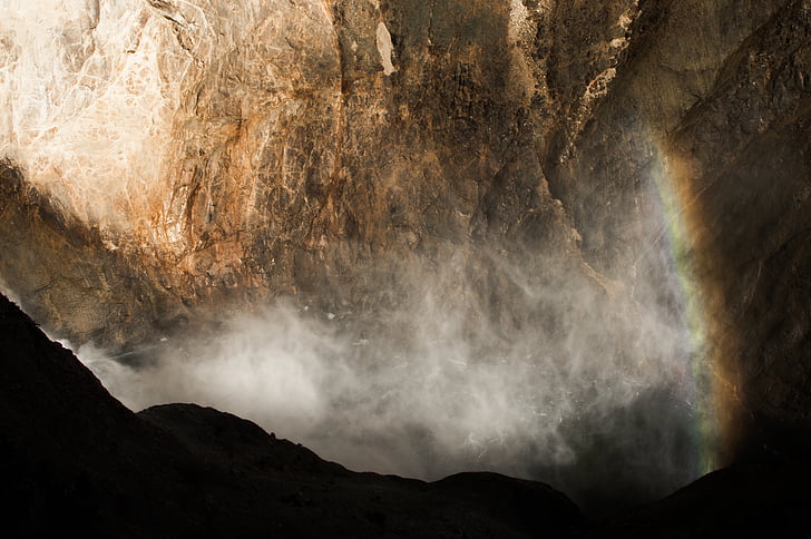 mountain, highland, valley, water, rainbow, dark, daylight