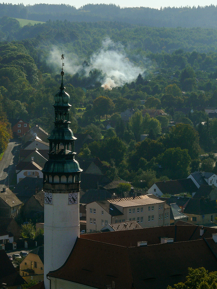 domažlice, chodenschloss, tower, smoke, fire, czech republic, mountain