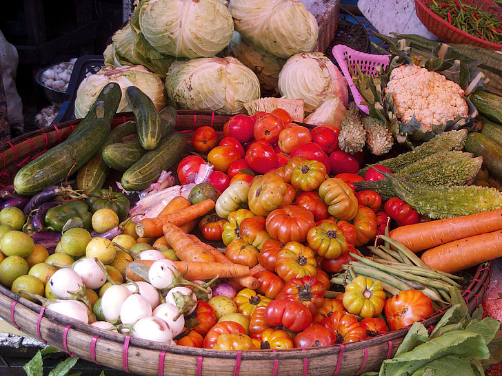 grønnsaker, tomat, blomkål, grønn, rød, squash, gulrot
