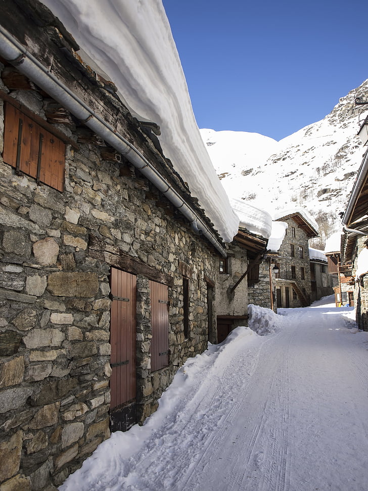 küla, Bonneval, lumi, talvel, mägi, majad, Alpid