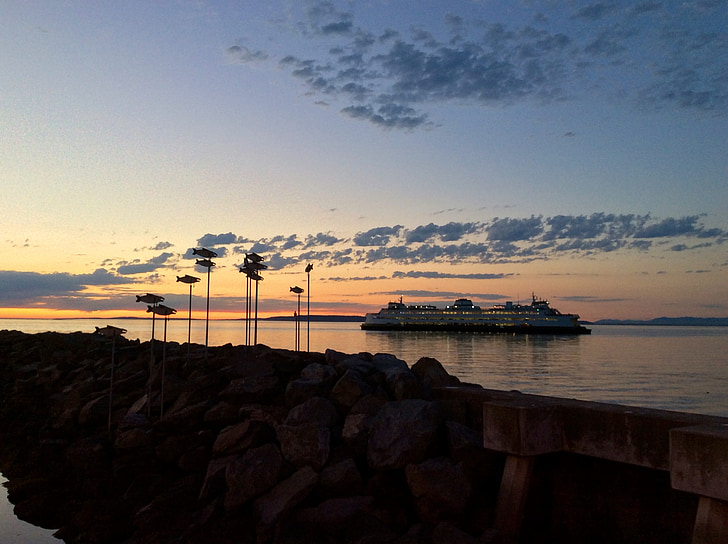 Ferry, coucher de soleil, Puget sound, poisson, croisière, navire, été