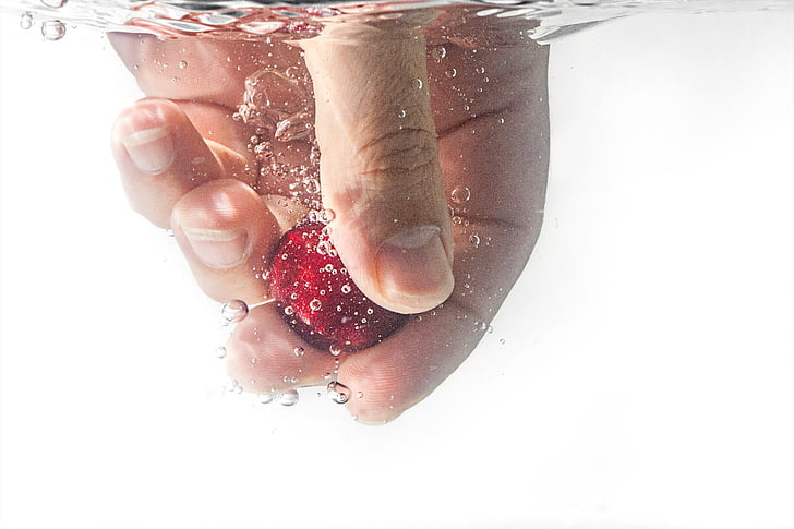 people, hand, water, bubbles, nail, red, fruit