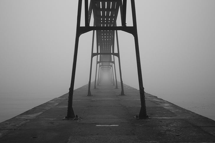 black-and-white, engineering, foggy, footpath, path, steel and concrete structure, steel bridge